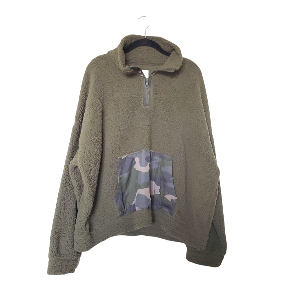 Aerie Offline 1/4 Zip Teddy Sherpa Fleece Olive Camo XXL NWOT